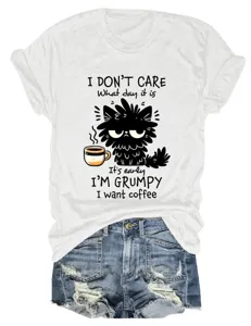 Women casual short sleeve t-shirt with funny cat graphic print round neck white top