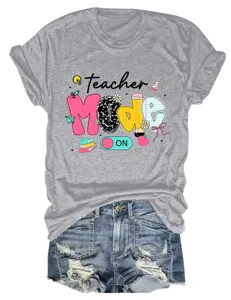 Women grey short sleeve t-shirt with cute teacher mode graphic print casual summer top.