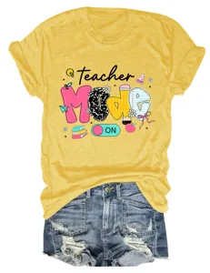 Casual women's yellow short sleeve t-shirt featuring teacher mode graphic print detail.