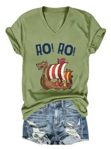 Casual women's v-neck short sleeve olive green t-shirt with viking ship graphic print.