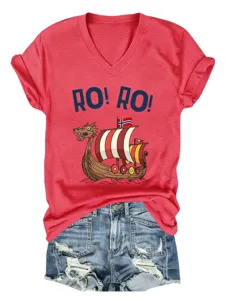 Detailed shot of casual red v-neck t-shirt featuring viking ship graphic and denim shorts.