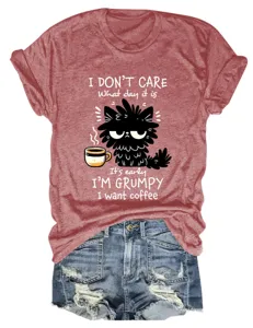 Casual funny women's crewneck short sleeve t-shirt with cute cat coffee print top.