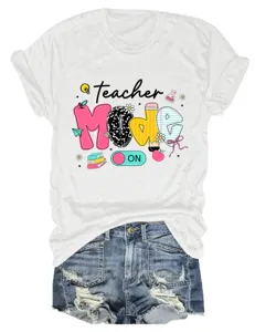 Casual white short sleeve t-shirt featuring teacher mode print and stylish denim shorts.