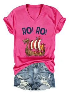 Pink V-neck short sleeve t-shirt featuring Viking ship graphic print for women casual wear.