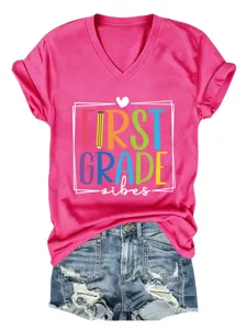 T-shirt manches courtes col V premier grade vibes haut décontracté pour femme école