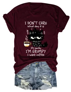 Casual funny women short sleeve t-shirt with cute black cat coffee print summer crewneck top