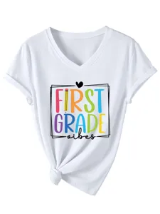 Premier Niveau Vibes Col V T-Shirt Femme Casual Enseignante Retour à l'École Haut