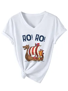 Stylish Casual Women V-Neck Short Sleeve T-Shirt Viking Ship Print Knotted White Tee
