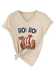 Casual women's beige V-neck short sleeve T-shirt with a knot and Viking ship print.