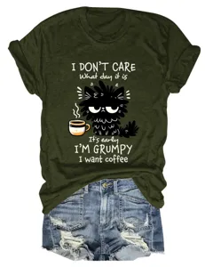 Casual funny women's round neck short sleeve t-shirt with cute cat coffee print design.