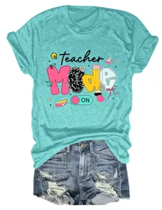 Women short sleeve t-shirt casual teal top teacher mode graphic tee apparel casual wear