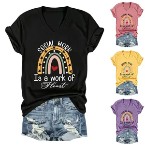 Femme Col V Manches Courtes T-Shirt Travail Social Arc-En-Ciel Cœur Haut Décontracté D'Été
