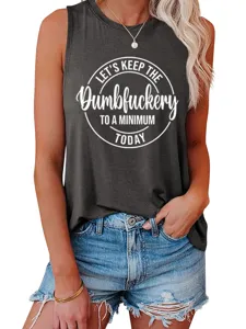 Casual donkergrijs mouwloos dames hemdje met grappige letter print slogan ontwerp.