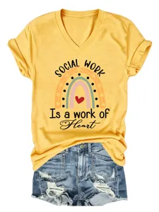T-shirt femme col V manches courtes social work arc-en-ciel haut decontracte ete top
