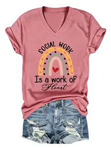 T-shirt Femme Casual Social Work Col V Manches Courtes avec Imprimé Arc-en-ciel Cœur