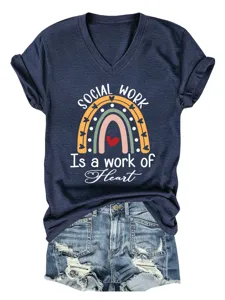 Femme decontracté social work col V manches courtes t-shirt été haut impression t-shirt