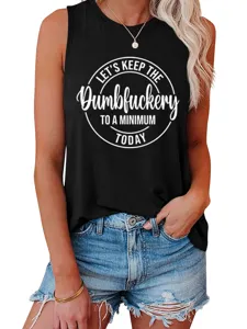 Casual zwarte mouwloze dames tanktop met opvallende opdruk, comfortabel en losse pasvorm.