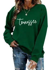 Pull col rond vert pour femme avec imprime de lettres tendance haut manche longue