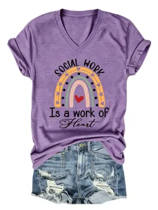 Femme Col V Manches Courtes T-Shirt Social Work Imprimé Top Casual Été Violet Clair