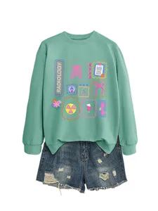 Radiology X-ray themed long sleeve sweatshirt paired with denim shorts, casual autumn women wear.