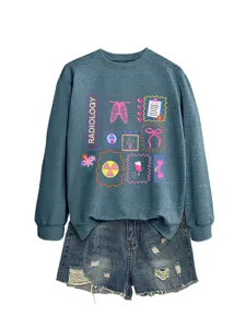 Women radiology x ray graphic sweatshirt and denim shorts casual set autumn long sleeve top