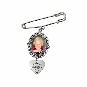 Broche porte-photo DIY vintage ovale cadre en metal support de cabochon avec pendentif cœur