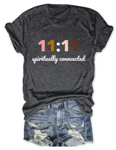 Dames casual korte mouw grijs t-shirt met 11:11 spirituele grafische print top mode