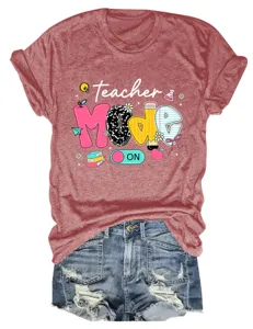 Casual women's short sleeve crewneck t-shirt featuring fun teacher theme graphic print.