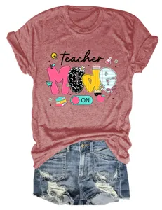 Casual women short sleeve round neck t-shirt with teacher letter graphic, paired with denim shorts.