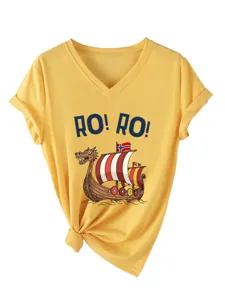 Women's yellow V-neck short sleeve T-shirt featuring a Viking ship graphic and RO RO text print.