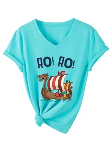 Turquoise V-neck short sleeve women T-shirt with Viking ship graphic and knot hem.