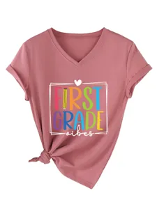 Joli t-shirt pour femme décontracté à col en V manches courtes First Grade Vibes Top.