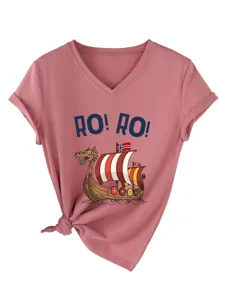 Women Casual V-Neck Short Sleeve T-Shirt with Viking Ship Graphic and Knot Hem Pink
