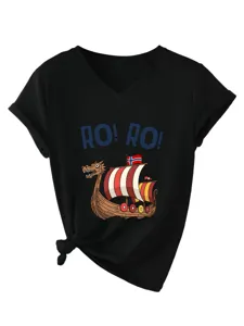 Women's Black V-Neck Short Sleeve T-Shirt with Viking Ship Graphic and Side Knot Tee