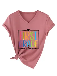T-shirt femme à col en V et manches courtes, haut décontracté avec imprimé et nœud à l'ourlet