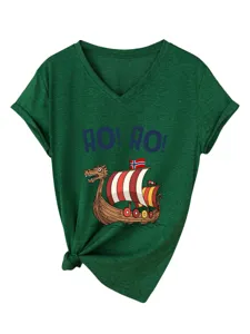 Green V-neck short sleeve t-shirt with Viking ship graphic and knotted hem casual top