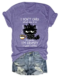 Casual funny women's round neck short sleeve t-shirt with cute grumpy cat graphic print.