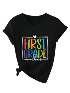 T-shirt femme col V manches courtes decontracté Premier grade vibes retour a l'école