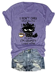 Casual funny women's round neck short sleeve t-shirt with cute grumpy cat graphic print.