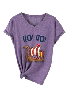 Women's purple V-neck short sleeve tee featuring a Viking ship graphic and a stylish knot hem.