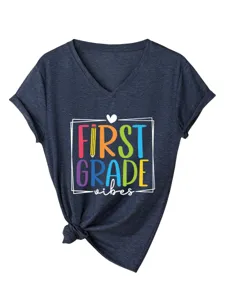 T-shirt casual graphique femme col V manches courtes First Grade Vibes top chic