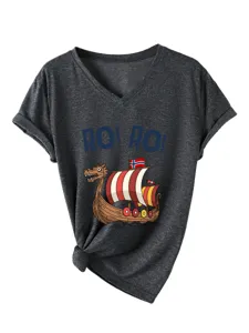Casual women's V-neck short sleeve t-shirt featuring a vintage Viking ship graphic print.