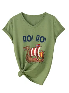 Detailed view of the women's military green V-neck t-shirt featuring a viking ship print.