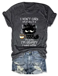 Detail view of the casual funny cat graphic printed on a dark gray short sleeve women t-shirt