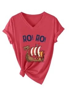Red V-neck short sleeve women T-shirt with knotted hem and Viking ship graphic print casual top.