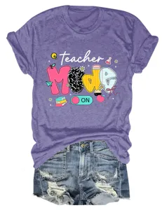 Women's purple short sleeve t-shirt with cute teacher mode graphic and denim shorts set.