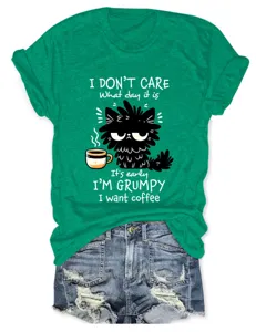 Casual funny women's crewneck short-sleeve T-shirt with cute grumpy cat coffee print.