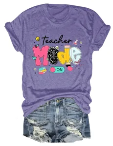 Women's Teacher Mode On Graphic T-Shirt Casual Short Sleeve Round Neck Tee Top Casual Wear