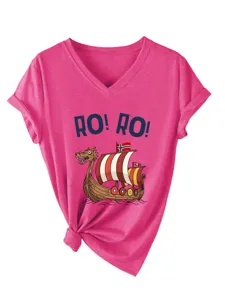 Women pink V-neck short sleeve T-shirt with Viking ship graphic print and front knot design.