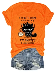 Casual funny women's round neck short sleeve orange T-shirt with cute grumpy cat print.